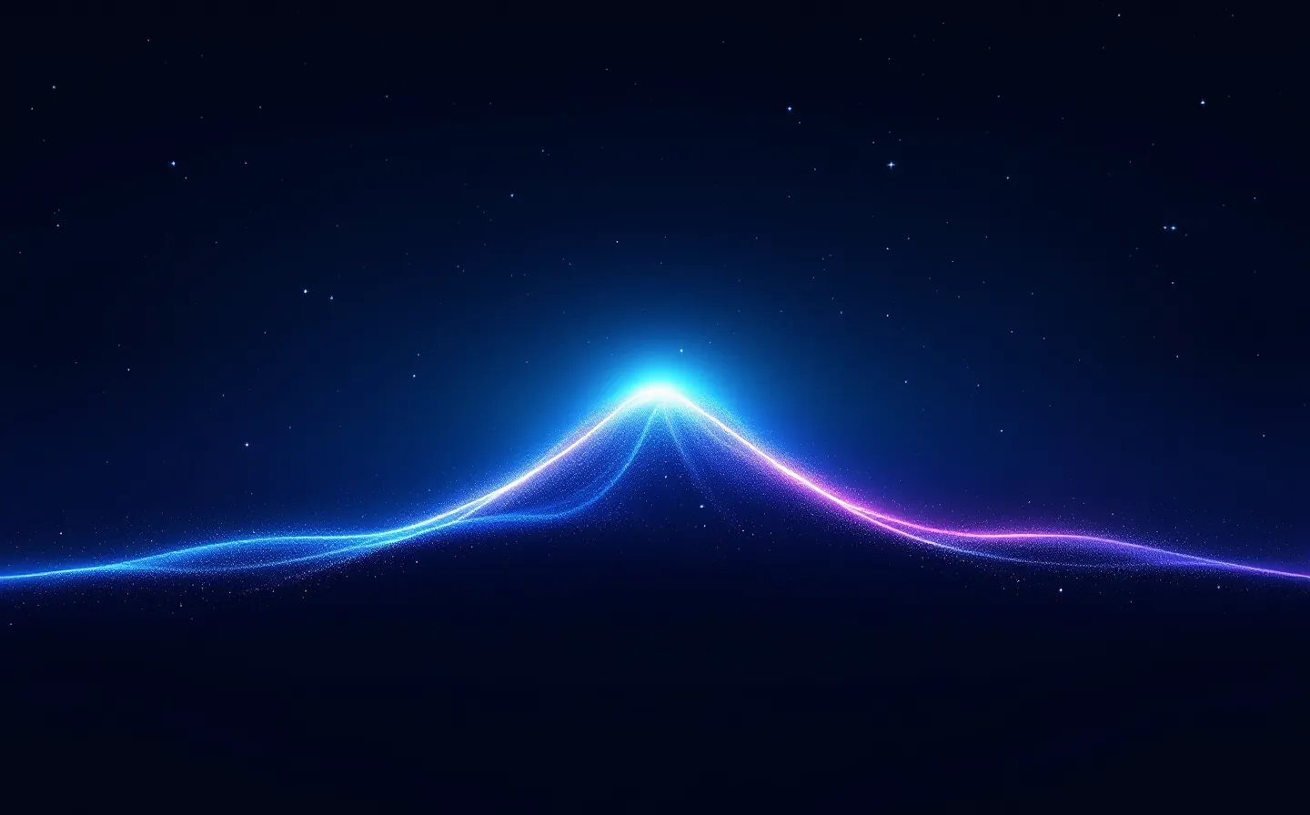 A teal and violet aurora band over dark steel, with two luminous strands braiding into a single bright crest